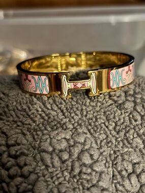 Gold Enamel H Bracelet Bangle in Pink & Aqua
